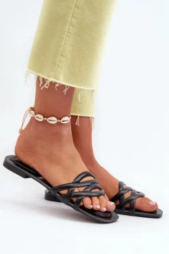 Klapki Damskie Eko Skórzane Na Płaskim Obcasie Czarne Moldela