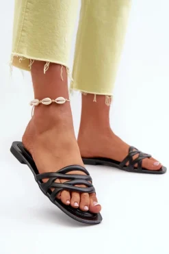 Klapki Damskie Eko Skórzane Na Płaskim Obcasie Czarne Moldela