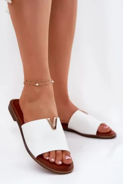 Klapki Damskie Eko Skórzane Na Płaskim Obcasie Białe Maliha