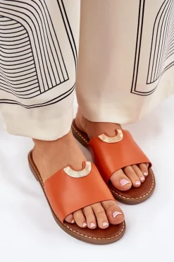 Klapki Damskie Eko Skórzane Z Ozdobnymi Detalami Pomarańczowe Mevith