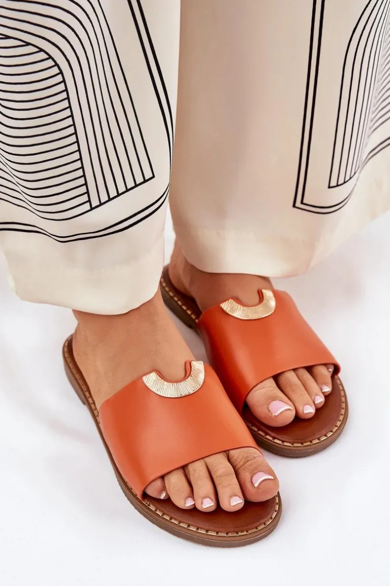 Klapki Damskie Eko Skórzane Z Ozdobnymi Detalami Pomarańczowe Mevith