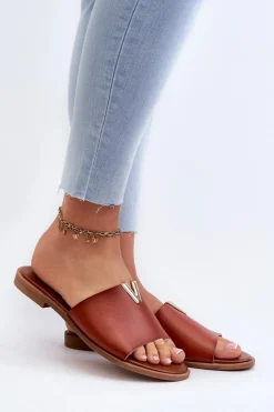 Klapki Damskie Eko Skórzane Na Płaskim Obcasie Brązowe Maliha