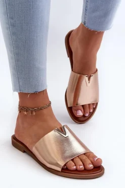 Klapki Damskie Eko Skórzane Na Płaskim Obcasie Złote Maliha