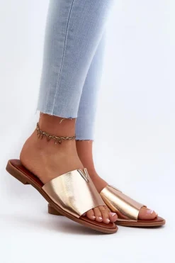 Klapki Damskie Eko Skórzane Na Płaskim Obcasie Złote Maliha