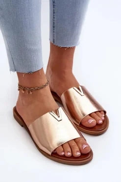 Klapki Damskie Eko Skórzane Na Płaskim Obcasie Złote Maliha