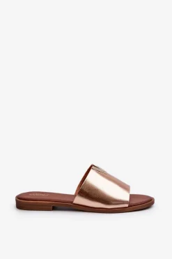 Klapki Damskie Eko Skórzane Na Płaskim Obcasie Złote Maliha