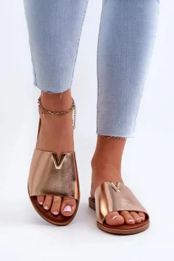 Klapki Damskie Eko Skórzane Na Płaskim Obcasie Złote Maliha