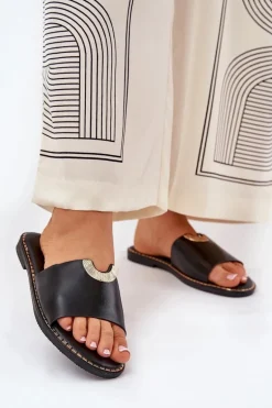 Klapki Damskie Eko Skórzane Z Ozdobnymi Detalami Czarne Mevith