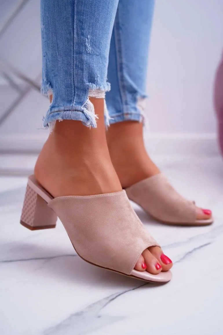 Klapki Damskie Eleganckie Na Słupku Sergio Leone KL315 Beżowe Demilo