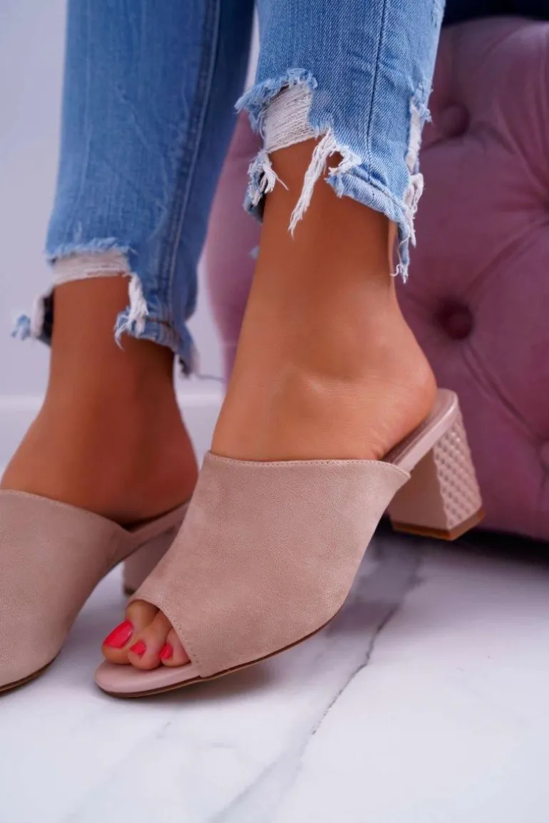 Klapki Damskie Eleganckie Na Słupku Sergio Leone KL315 Beżowe Demilo