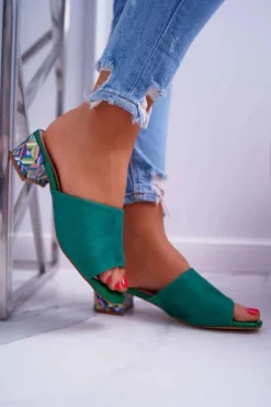 Klapki Damskie Eleganckie Na Klocku Zamszowe Zielone Valencia