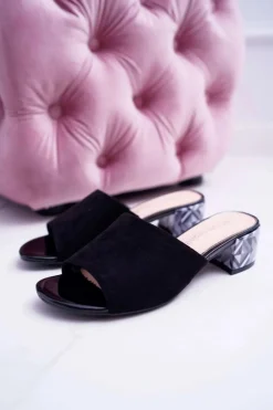 Klapki Damskie Eleganckie Na Klocku Zamszowe Czarne Valencia