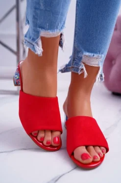 Klapki Damskie Eleganckie Na Klocku Zamszowe Czerwone Valencia