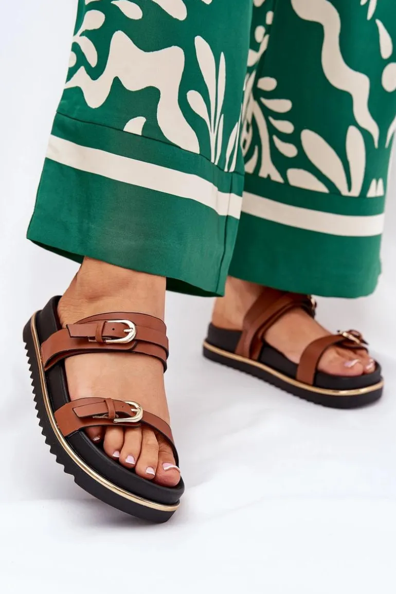 Klapki Damskie Gładkie Na Platformie Z Paskami I Klamrami Camel Ziferte