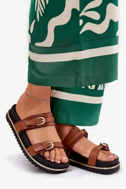 Klapki Damskie Gładkie Na Platformie Z Paskami I Klamrami Camel Ziferte