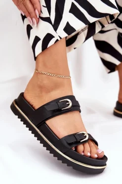 Klapki Damskie Gładkie Na Platformie Z Paskami I Klamrami Czarne Ziferte