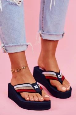 Klapki Damskie Japonki Big Star na Koturnie Granatowe FF274A301