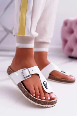 Klapki Damskie Japonki Na Korku Lakierowane Białe Palette