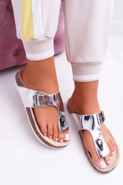 Klapki Damskie Japonki Na Korku Lakierowane Srebrne Palette