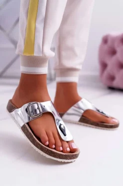 Klapki Damskie Japonki Na Korku Lakierowane Srebrne Palette