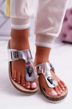 Klapki Damskie Japonki Na Korku Lakierowane Srebrne Palette