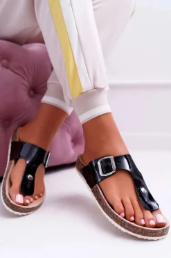 Klapki Damskie Japonki Na Korku Lakierowane Czarne Palette