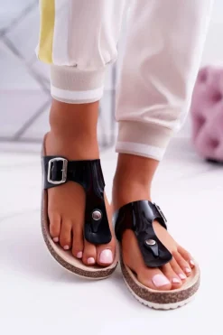 Klapki Damskie Japonki Na Korku Lakierowane Czarne Palette