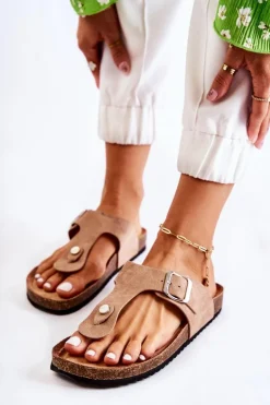 Klapki Damskie Japonki Na Korku Beżowe Elina