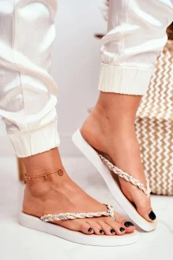 Klapki Damskie Japonki Pleciony Pasek Beżowe Peggie