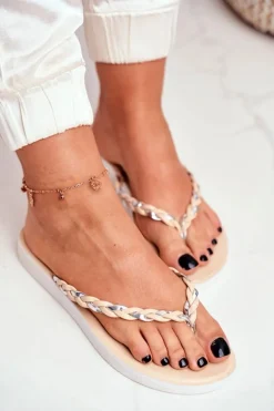 Klapki Damskie Japonki Pleciony Pasek Beżowe Peggie