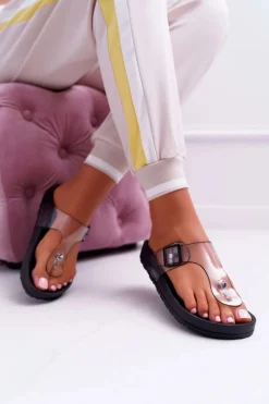 Klapki Damskie Japonki Transparentny Pasek Czarne Framona