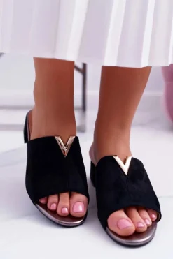 Klapki Damskie Klasyczne Eleganckie Na Klocku Czarne Demea