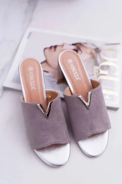 Klapki Damskie Klasyczne Eleganckie Na Klocku Szare Demea