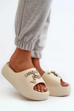 Klapki Damskie Lekkie Piankowe Z Ozdobami Beżowe Orchia