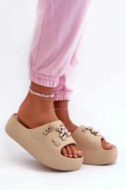 Klapki Damskie Lekkie Piankowe Z Ozdobami Ciemnobeżowe Orchia