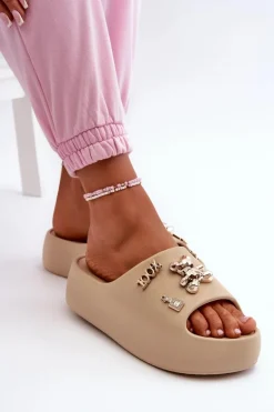 Klapki Damskie Lekkie Piankowe Z Ozdobami Ciemnobeżowe Orchia