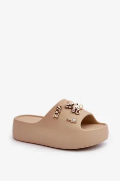 Klapki Damskie Lekkie Piankowe Z Ozdobami Ciemnobeżowe Orchia