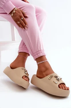 Klapki Damskie Lekkie Piankowe Z Ozdobami Ciemnobeżowe Orchia