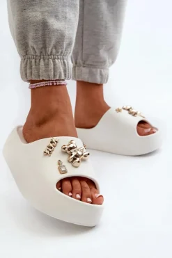 Klapki Damskie Lekkie Piankowe Z Ozdobami Białe Orchia