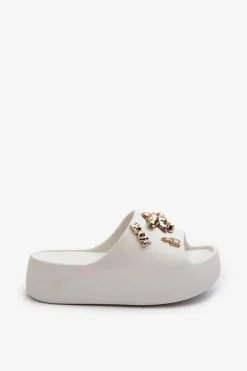 Klapki Damskie Lekkie Piankowe Z Ozdobami Białe Orchia