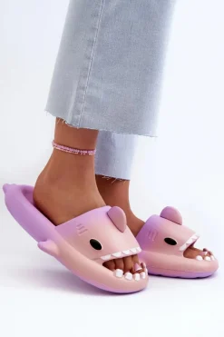 Klapki Damskie Lekkie Piankowe Z Motywem Rekina Fioletowo-Różowe Kasila