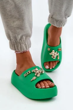 Klapki Damskie Lekkie Piankowe Z Ozdobami Zielone Orchia
