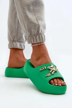 Klapki Damskie Lekkie Piankowe Z Ozdobami Zielone Orchia