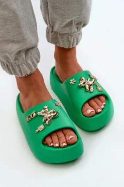 Klapki Damskie Lekkie Piankowe Z Ozdobami Zielone Orchia