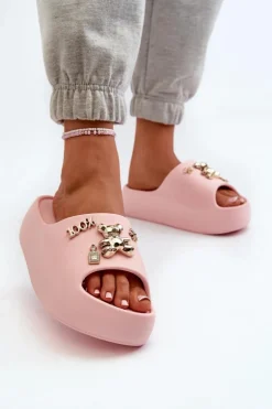 Klapki Damskie Lekkie Piankowe Z Ozdobami Różowe Orchia