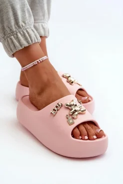 Klapki Damskie Lekkie Piankowe Z Ozdobami Różowe Orchia