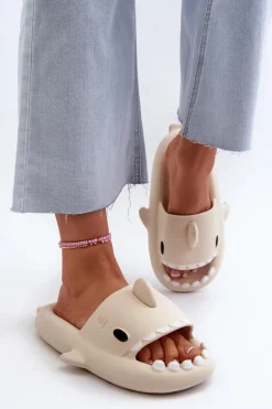 Klapki Damskie Lekkie Piankowe Z Motywem Rekina Beżowe Kasila