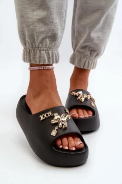 Klapki Damskie Lekkie Piankowe Z Ozdobami Czarne Orchia