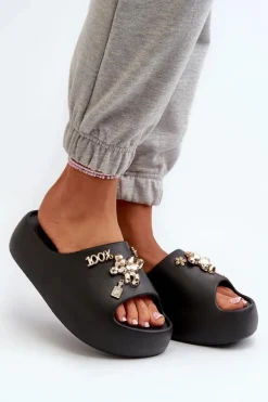 Klapki Damskie Lekkie Piankowe Z Ozdobami Czarne Orchia