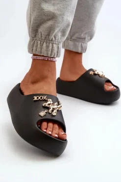Klapki Damskie Lekkie Piankowe Z Ozdobami Czarne Orchia